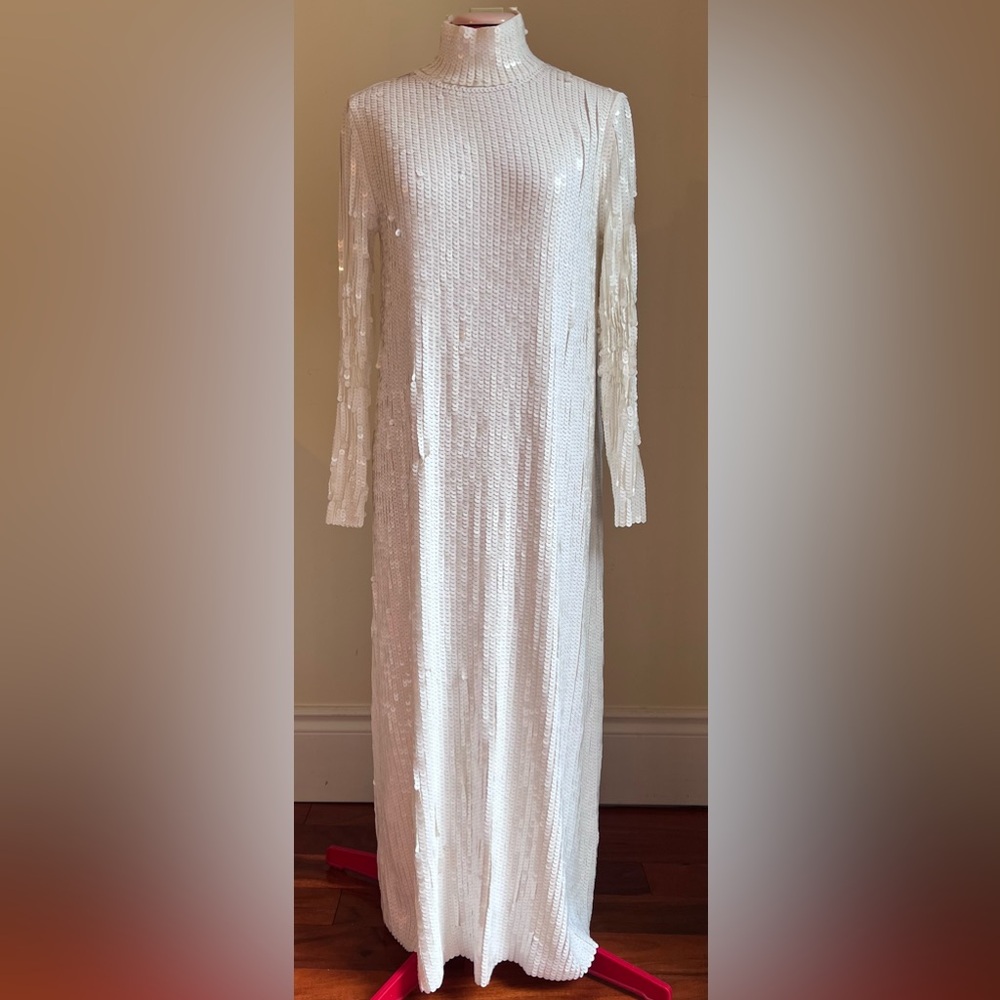 Fully sequinned stretchy mock neck midi-length dress